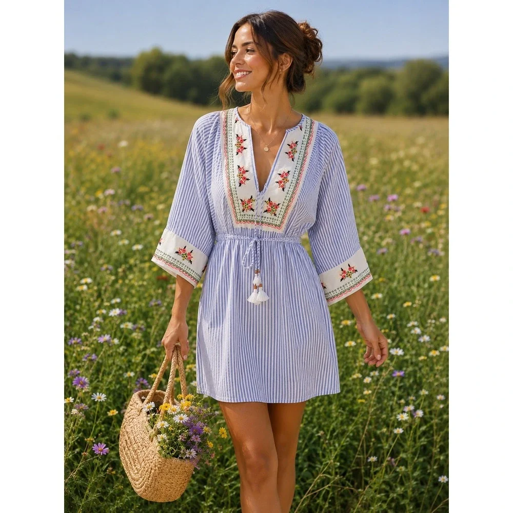 Tory Burch Tunic Dress Blue Striped Embroidered Boho Beach Dress Coverup Sz M